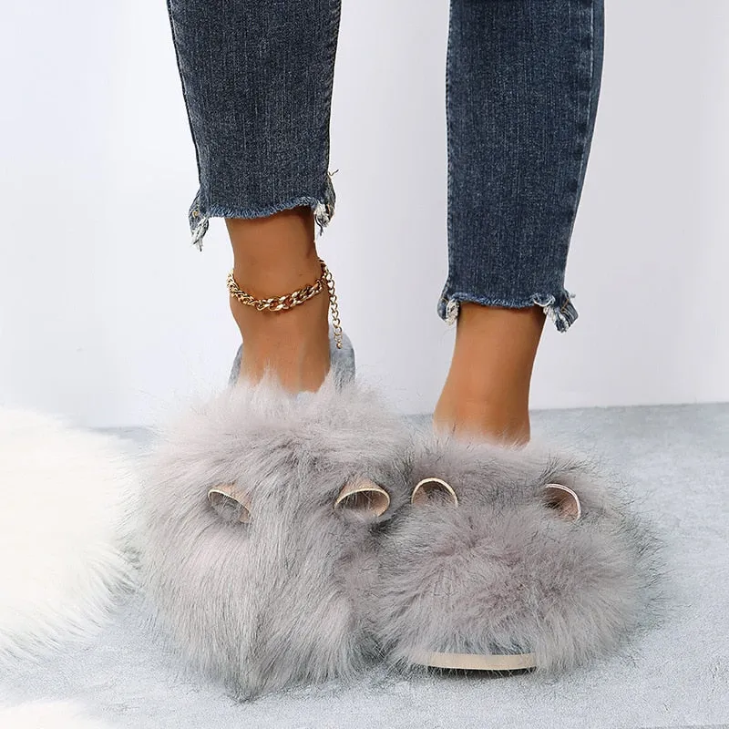 Women's Fashion Warm Winter Solid Fluffy Fur Plush House Slippers