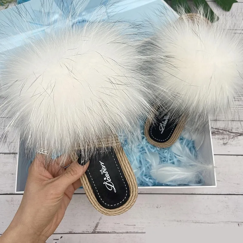 Women's Natural Fox Fluffy Fur Flip Flop Slide Flat House Slippers