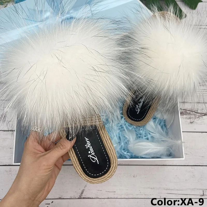 Women's Natural Fox Fluffy Fur Flip Flop Slide Flat House Slippers