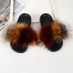 Women's Summer Real Fur Slides Cotton Fluffy Flat House Slippers