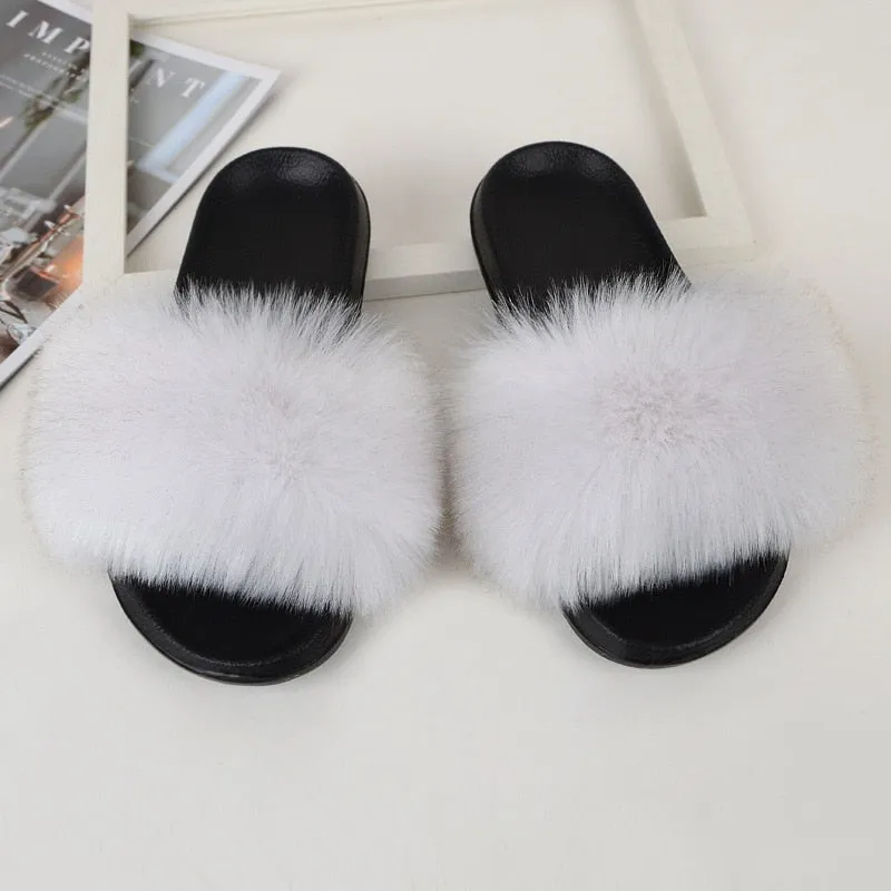 Women's White Summer Synthetic Fur Fluffy Furry Plush House Slippers