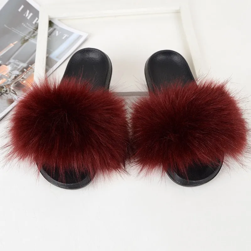 Women's Wine Red Summer Synthetic Fur Fluffy Furry Plush House Slippers