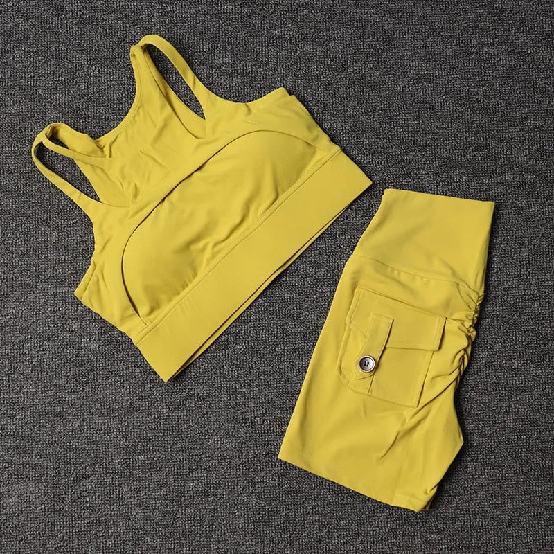 Women's Yellow High Waist Pocket Shorts with Bra for Yoga Sports Cycling